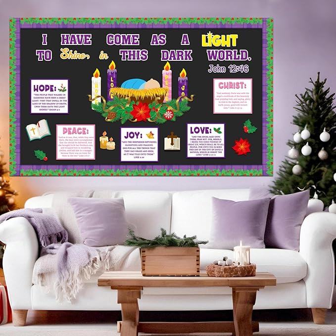 Christian Nativity Religious Christmas Bulletin Board Decorations Set Xmas Advent Wreath Candle Light of My Life Cutouts for Classroom School Home Chalkboard Wall Winter Holiday Party Decor Supplies