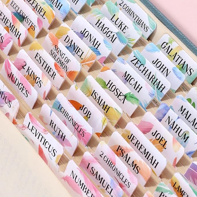 Bible Tabs For Women, 66 Large Print Laminated Bibles Chapters Index Tabs and 39 Blank Dividers Sticky Labels, Cute Beauty Feather Bible Study Supplies, Journaling Accessories, Christian Gifts for Men