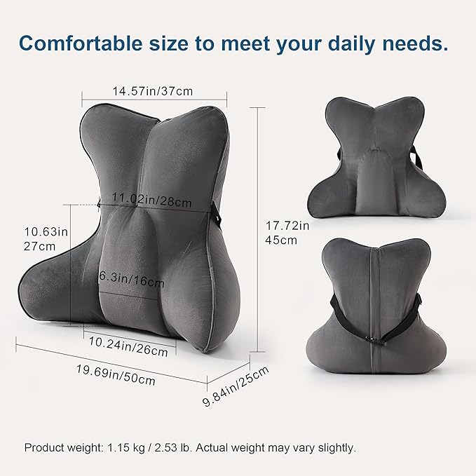 Lumbar Support Pillow(Pat. Pend) – Ergonomic Multi-Zone Back Cushion for Lower Back Pain Relief, Ideal for Office Chair, Car Seat & Home Reading,Steel Gray