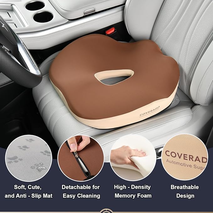 Coverado Car Seat Cushion with Memory Foam, Ergonomic Driving Seat Cushion Back Pain Relief, Thickness: 4.31 inches Non-Slip Washable Cushion for Car, Driver, Office, Wheelchair