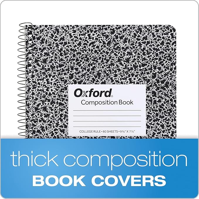 Oxford Spiral Composition Notebooks, 4 Pack, Wide Ruled Paper, 9-3/4 x 7-1/2 Inches, 80 Sheets, Black Marble Cover (64950)