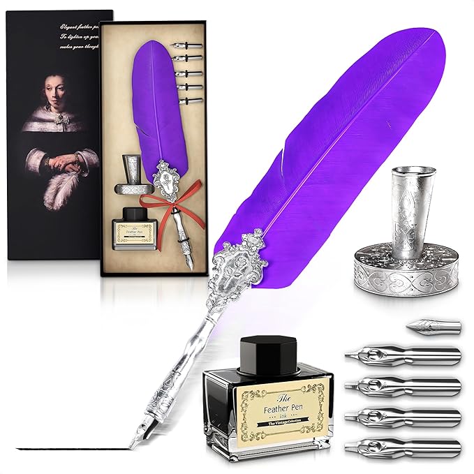 Victorian Writing Quill and Ink Set – Stainless Steel Dip Pen Feather Quill Pen and Ink Set with 5 Nib Refills, Secure Textured Grip, Gift-Ready Box with Display Stand – Calligraphy Gift Set (Purple)
