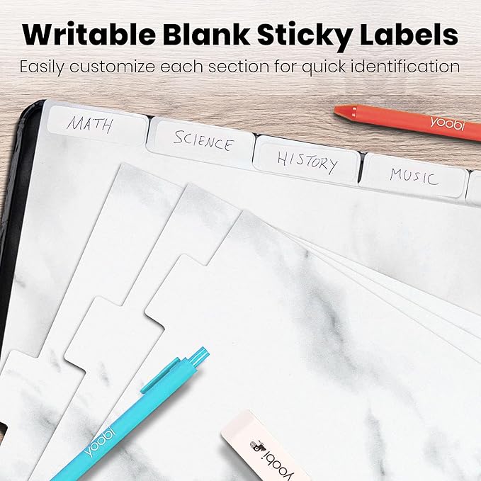 Yoobi Marble Binder Dividers 8-Tab Sturdy Poly Binder Organizer w/Blank Sticky Labels 4 Pack