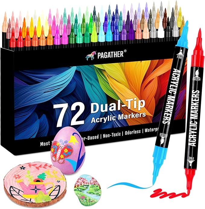 72 Colors Acrylic Paint Markers, Dual Tip with Fine Tip and Brush Tip Pens for Stone, Wood, Calligraphy, Canvas, Ceramic, Metal, Glass, Rock Painting, DIY Crafts