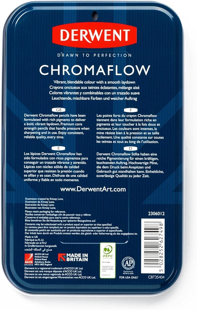 Derwent Chromaflow Colored Pencils 36 Tin, Set of 36, 4mm Wide Core, Multicolor, Smooth Texture, Art Supplies for Drawing, Blending, Sketching, Adult Coloring, Premier, Professional Quality (2306012)
