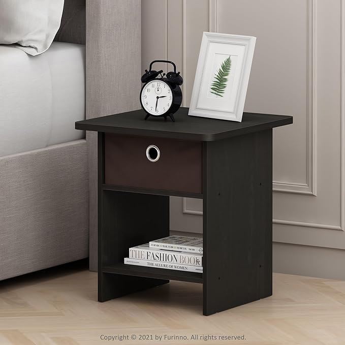 Furinno DARIO Side Table, Square End Table with Storage Bin, Round Corner Night Stand, Bedside Table with Open Back Shelf, for Living Room, Bedroom, Espresso