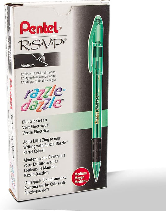 Pentel RSVP Razzle-Dazzle Ballpoint Pen, (1.0mm) Medium Line, Green Barrel, Black Ink, Box of 12 (BK91RDD-A)