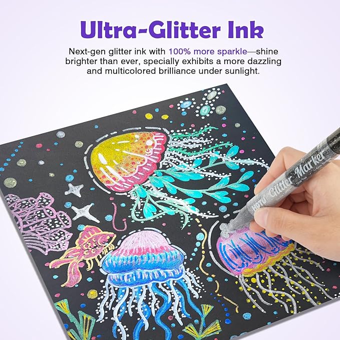 Glitter Markers Pens, 16 Colors Glitter Acrylic Paint Pens, Sparkly Metallic Dual-Tone Reversible Smooth Tips Shimmer Marker 8 Count for Coloring, Rock Painting, Wood, Fabric, DIY Craft