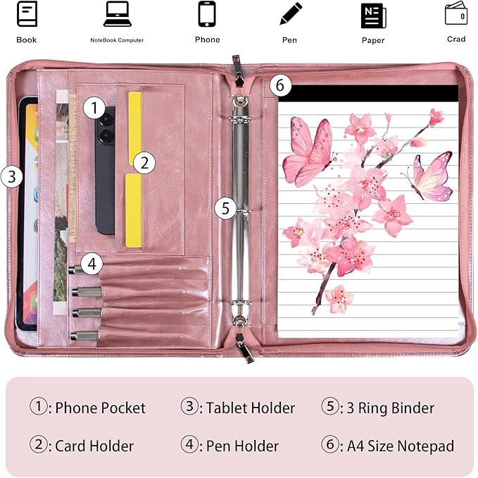 Rose Gold Padfolio,Vegan Leather Portfolio for Women,3-Ring Binder with Zipper, A4 Planner Binder with Laptop Pocket,Legal Size Portfolio,WorkBinder Organizer for Women and Girls