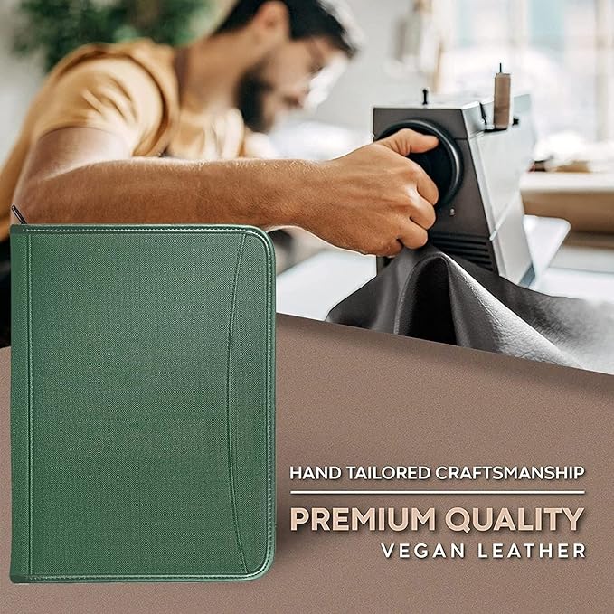 Zippered Portfolio Organizer/ A4 Refillable Lined Writing Notepad Folder Case/Fabric-Covered Padfolio Binder with Interior Storage Pocket for Men Women.Green