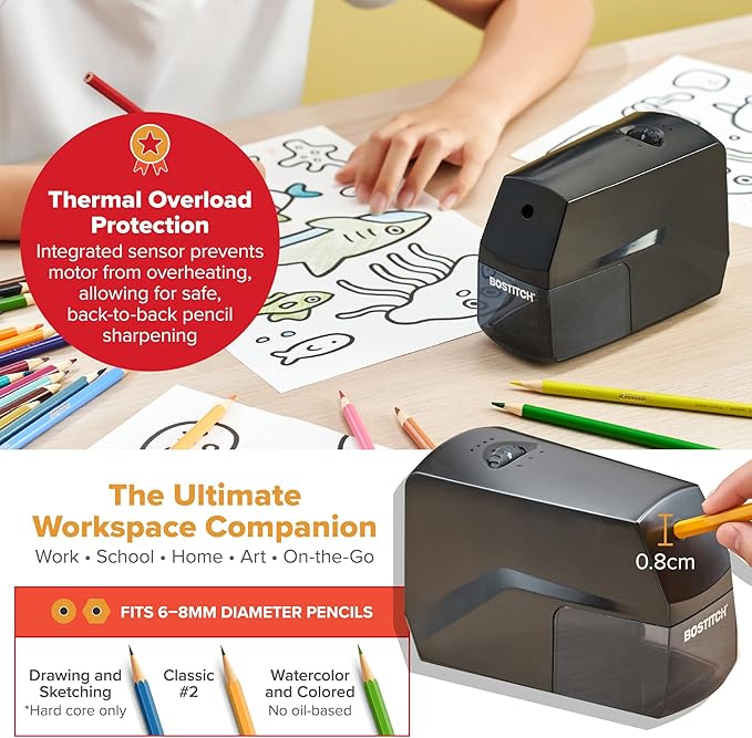 Bostitch Portable Rechargeable Battery Vertical Pencil Sharpener Helical Blade for No.2/Colored Pencils, Black