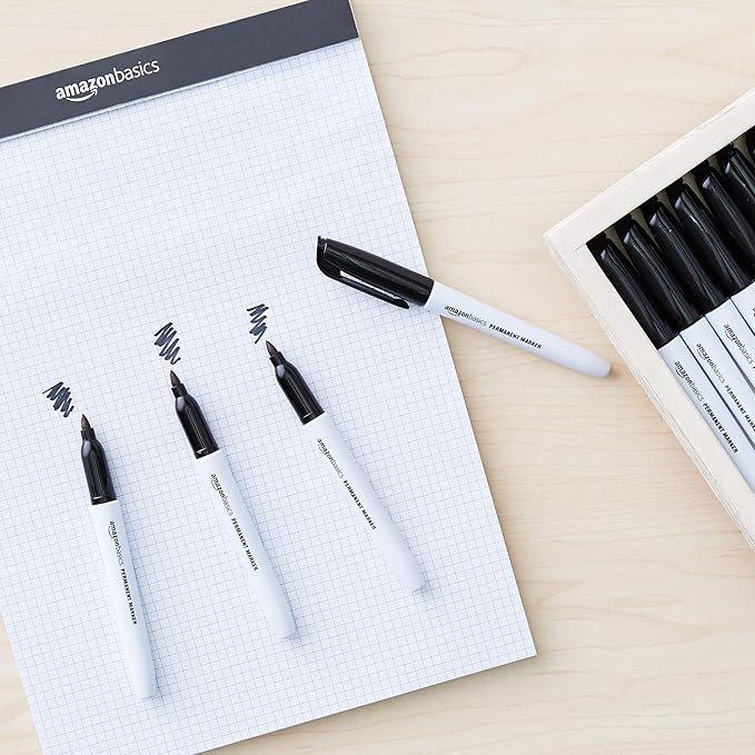 Amazon Basics Fine Tip Permanent Markers for Writing, Drawing, Quick Drying, Office, School, and Home Use, Black, 24 Pack