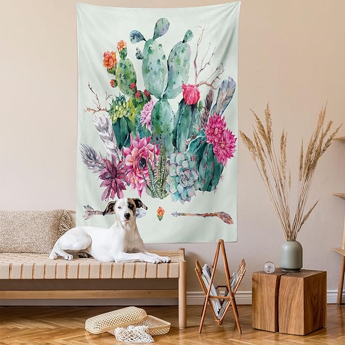 Ambesonne Cactus Tapestry, Spring Garden Boho Style Bouquet of Thorny Plants Blossoms Arrows Feathers, Wall Hanging for Bedroom Living Room Dorm Decor, 40" X 60", Rose Green Brown