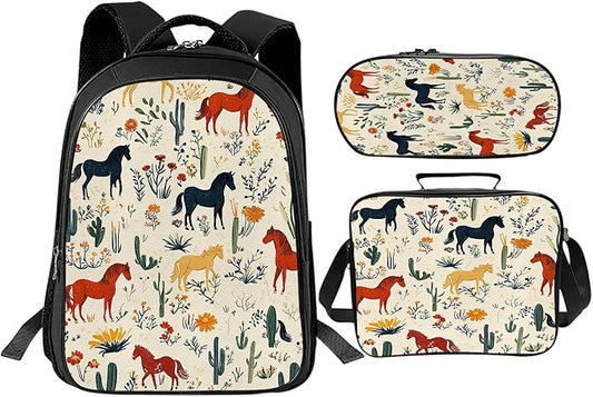 Horses Backpack Set 3 Piece School Bags and Lunch Box with Pencil Case Horse Cactus Bookbag Set for Toddler Kids Girls Boys Teens Kindergarten Elementary Middle