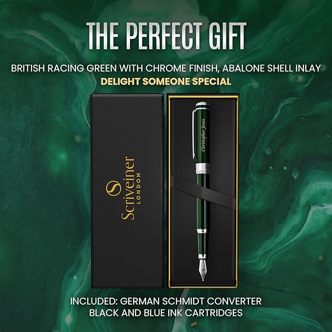 Scriveiner Personalized British Racing Green Fountain Pen - Stunning Green Lacquer Luxury Pen w/Chrome Finish, German Schmidt Nib (Medium), Best Engraved Pen Gift Set for Men & Women, Name Engraving