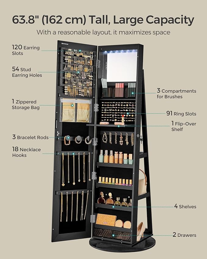 SONGMICS 6 LEDs Lockable Mirror Jewelry Cabinet, 360° Swivel Jewelry Organizer Armoire Standing, Frameless Full-Length Mirror, 3 Storage Shelves, Black Surface, Black Lining UJJC007B01