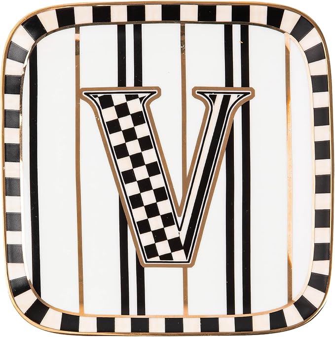 MACKENZIE-CHILDS Monogram Dish, Decorative Ceramic Letter Plate, 5 3/4" Square, V