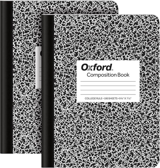Oxford Composition Notebooks, 9-3/4 x 7-1/2 Inch School Journals, College Ruled Paper, Black Marble Covers, 100 Sheets per Book (1002515) (pack of 24)