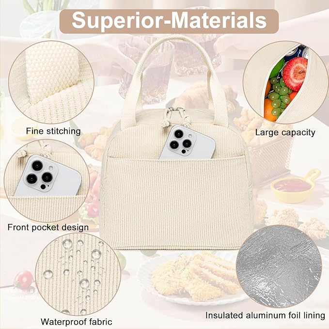LEDAOU Lunch Box for Women Insulated Lunch Bag Corduroy Lunch Tote Bags Leakproof Cooler Lunch Case for Travel Work Picnic (Corduroy Solid Beige)