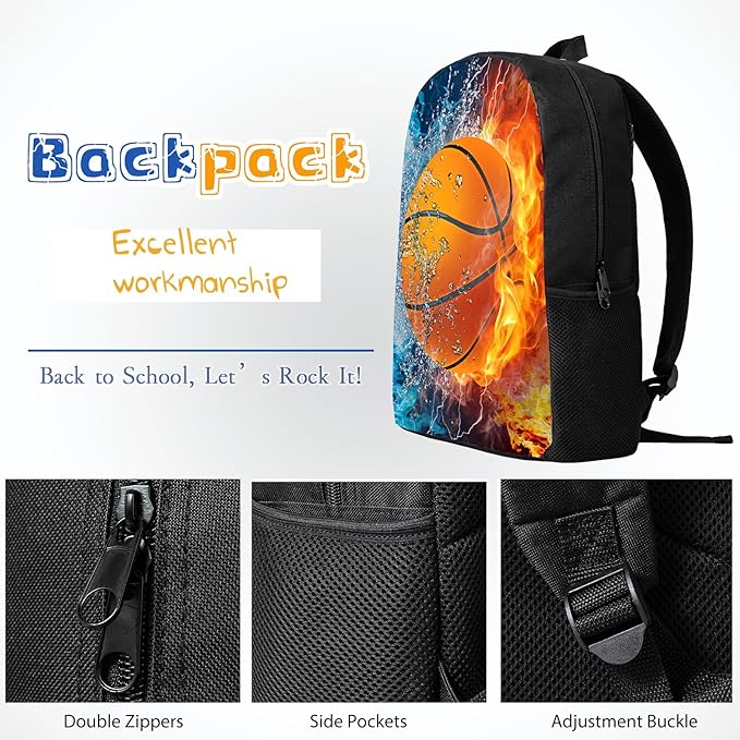 3PCS Basketball Backpack Set for Boys, Lightweight Large Backpack with Lunch Box & Pencil Case, Cool Sport Bookbag for Kids, Back to School Backpacks for Elementary & Middle School - 02