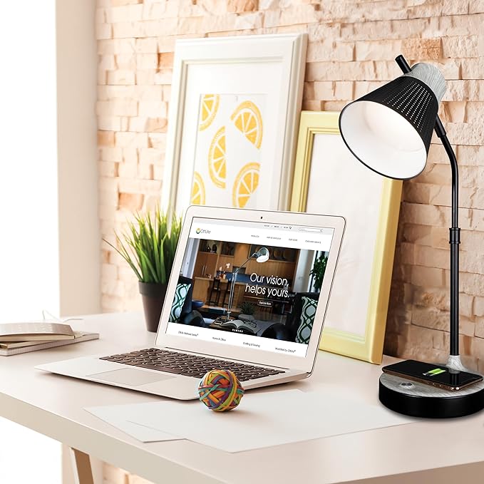 OttLite Wellness Series Wireless Charging LED Table Lamp, Black with Grey Woodgrain Accents,Touch Activated Controls, Flexible Neck, ClearSun LED Light, for Work, Study, Reading…