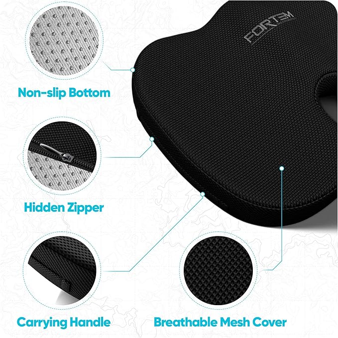 FORTEM Seat Cushion, Office Chair Cushion, Lumbar Support Pillow for Office Chair, Memory Foam Sciatica Coccyx Tailbone Pressure Pain Relief, Car Sitting Pad, Washable Non Slip, XL