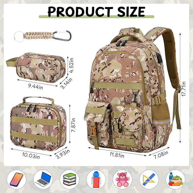 School Backpack for Boys - 5pcs Camo Boys Backpack with Lunch Box Set for Kids Teens Elementary Middle High School,18″ Large Capacity Students Bookbag