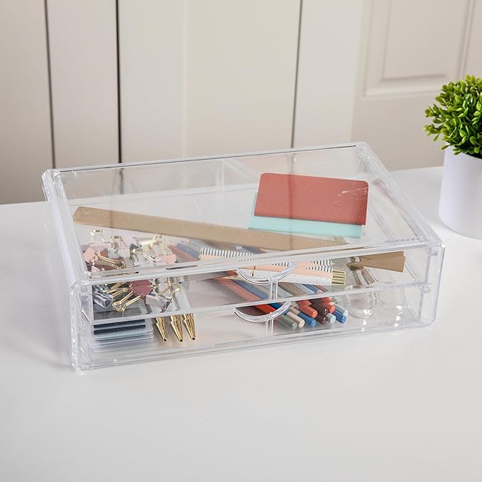 Martha Stewart Brody Desk Organizer with 2 Drawers, Stackable Plastic Desk Storage Box, Organizer for Office, Bathroom, Countertop or Dorm, 12.75" x 7.75", Clear