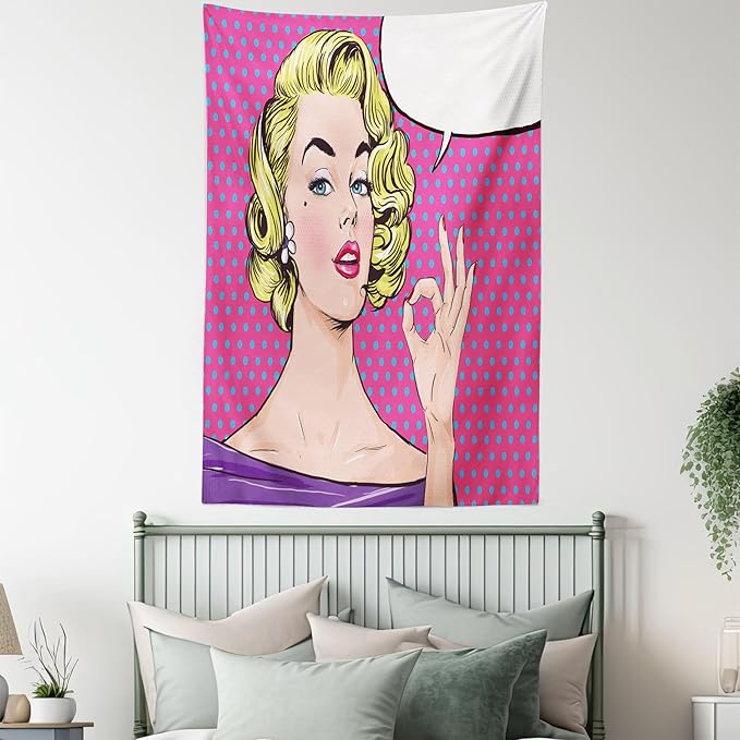 Ambesonne Vintage Tapestry, Pop Art Blonde Woman Making OK Sign on Dotted Background Retro Comic Book Design, Fabric Wall Hanging Decor for Bedroom Living Room Dorm, 30" X 45", Pink Blue