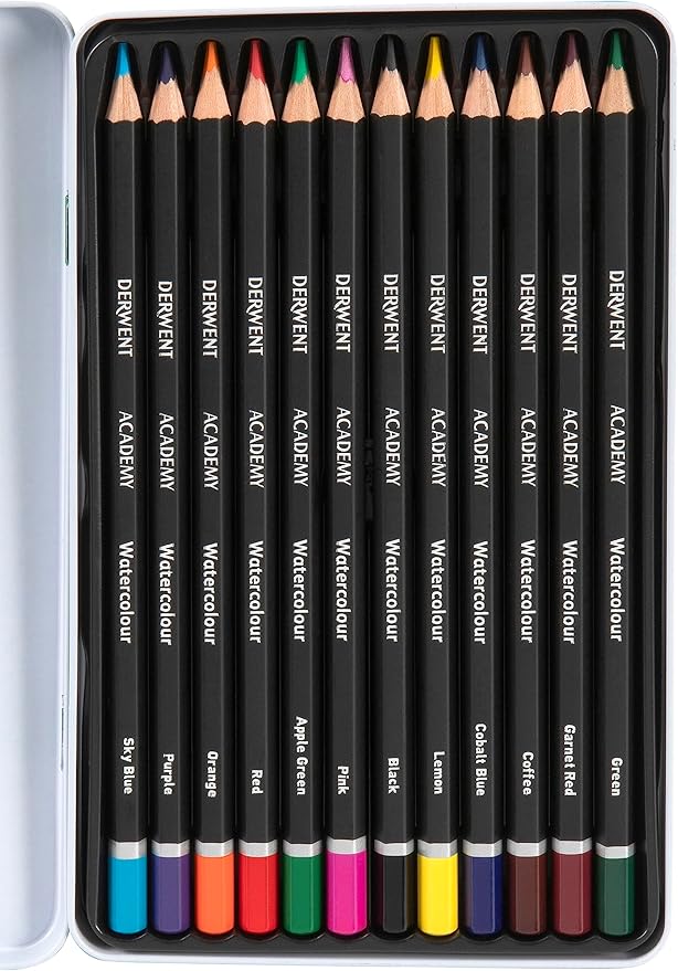 Derwent Academy Watercolor Pencils, 3.3mm Core, Metal Tin, 12 Count (2301941)