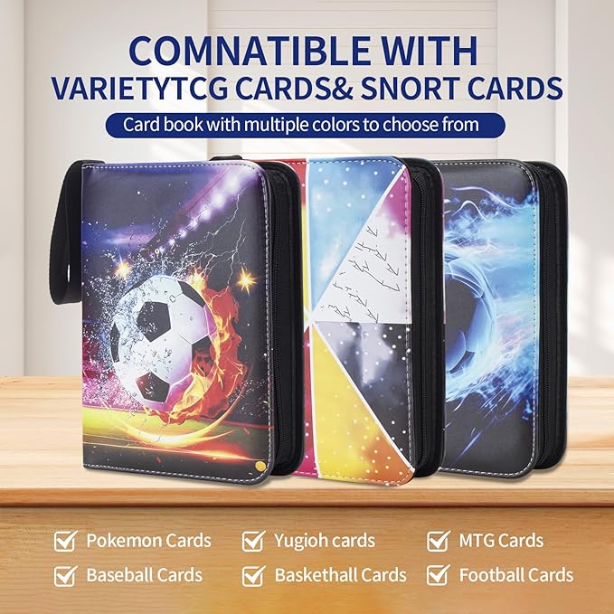 Card Binder – 400 Capacity, Zippered Trading Card Holder for MTG, Sports & Collectible Cards – Acid-Free, Durable & Travel-Friendly Storage (Red Football, 4 Pocket)