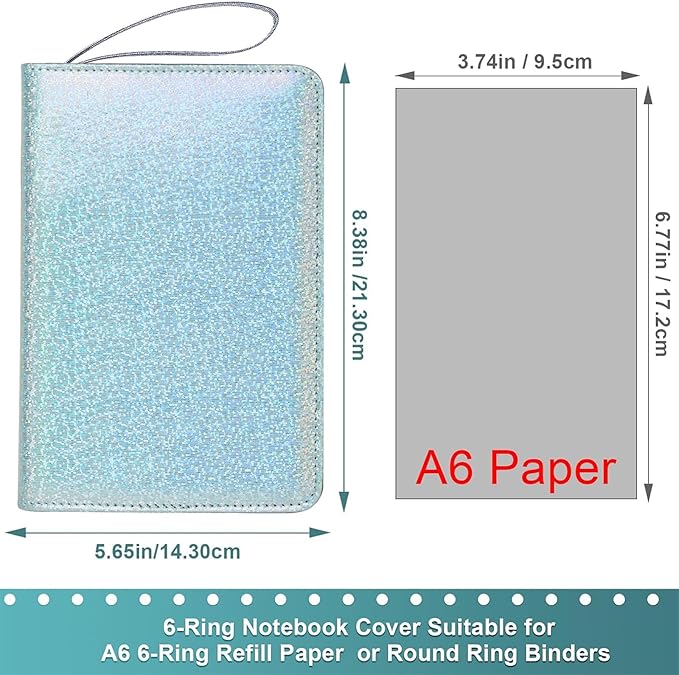 Toplive A6 Budget Binder with Zipper, 6 Ring Refillable Planner Binder Cover for A6 Cash Budget System, PU Leather Personal Organizer Personal Wallet, Glitter Blue