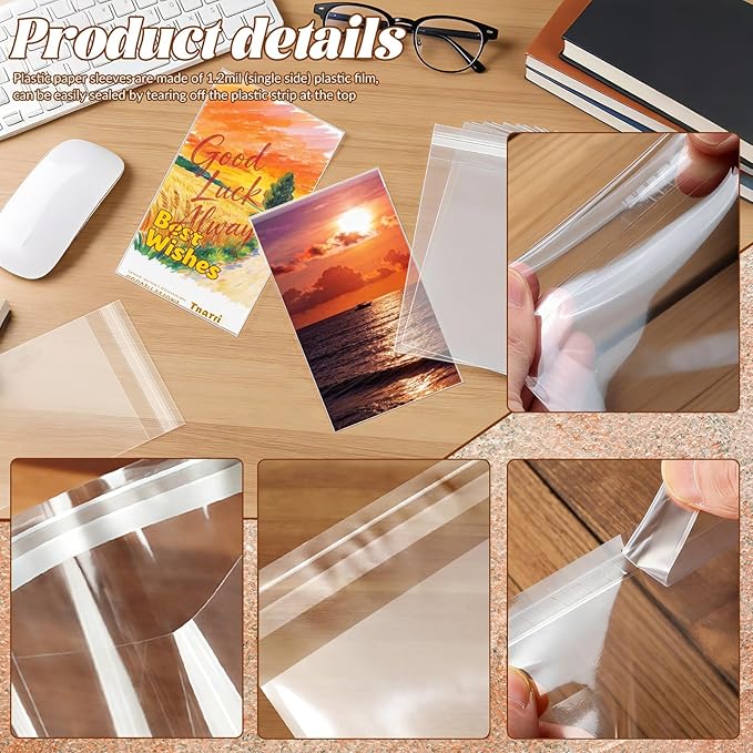 200 Pack Cellophane Bags Self Sealing, Resealable Clear Plastic Sleeves for 4 x 6 Inch Photos Recipe Cards Postcards Art Prints Paintings Cookie Candy, 4-1/2 x 6-1/2 Inch