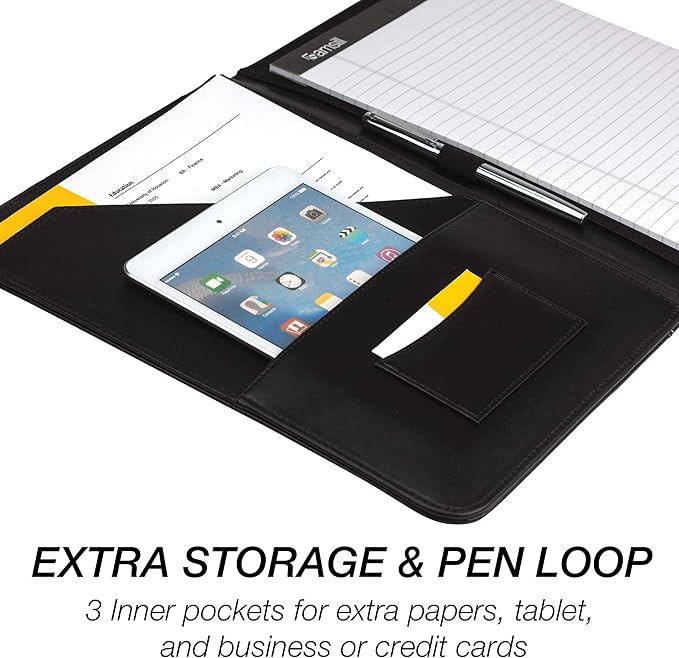 Samsill Contrast Stitch Faux-Leather Padfolio, Business Portfolio for Men and Women, Resume Document Organizer with 8.5 x 11 Inch Writing Pad, Black
