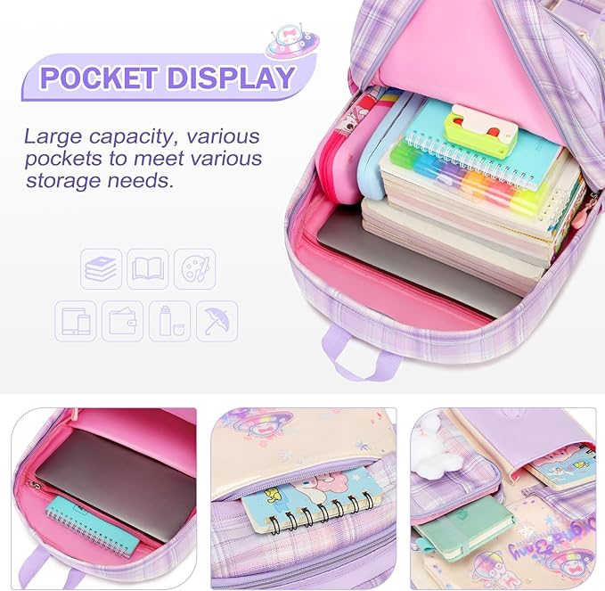 Girls Backpack Set, 3PCS Kids Backpack for Girls, Kawaii Bunny School Backpacks for Girl Kindergarten Elementary Preschool Middle School Bags with Lunch Box Pencil Case Purple-Plaid