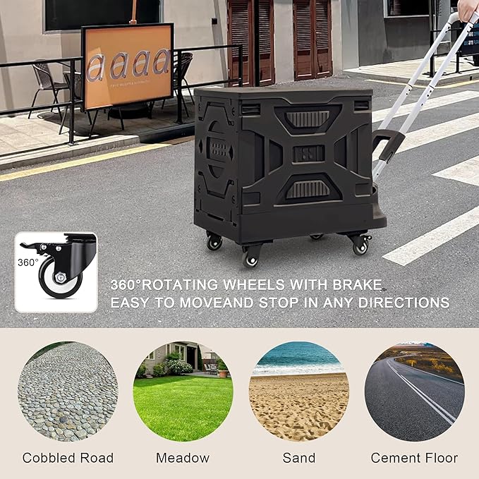 VECELO Foldable Shopping Cart with Wheels, Collapsible Rolling Crate for Groceries, Folding Storage Box with Handle, Three Modes of Use, Ideal for Teacher, Trip, Outdoors, Etc., 23GAL,Black
