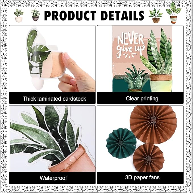 Pajean 62 Pcs Boho Plant Classroom Bulletin Board Decorations with 3D Paper Fans Inspirational Posters Cutouts Greenery Positive Motivational Bulletin Board Set for School Classroom Home Decorations