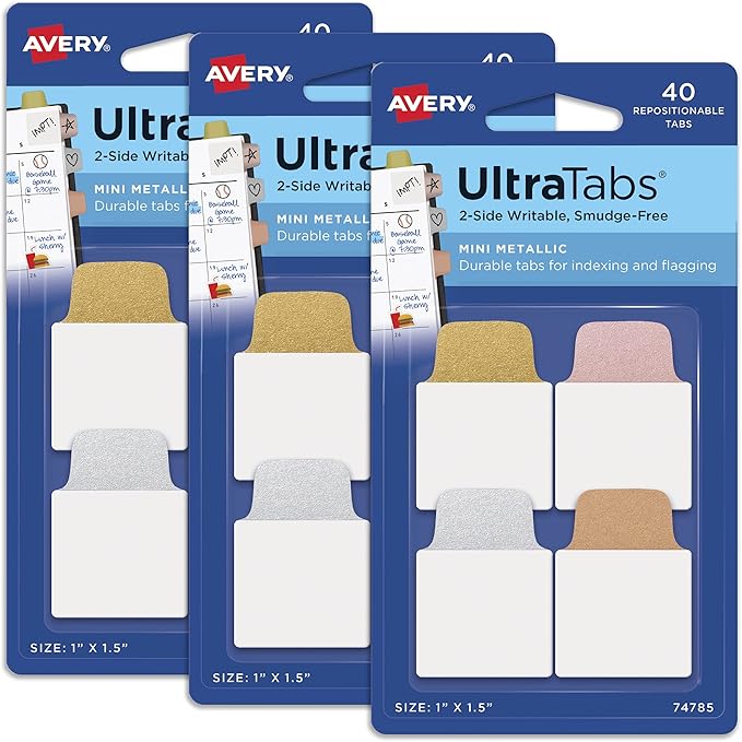 Avery Mini Ultra Tabs, 1" x 1.5", 2-Side Writable, Assorted Metallic Colors, Repositionable, 40 Per Pack, 120 Total (3-Pack of 74785)