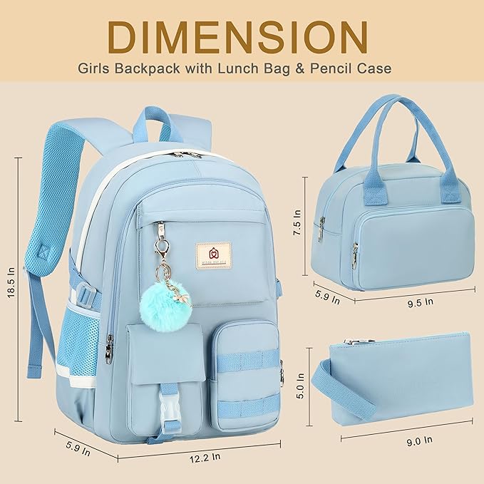 Hidds School Backpack for Teen Girls Women College Laptop Backpacks Kids Cute Bookbag Set with Lunch Box Pencil Case Elementary Middle High Campus Bag 3 Pcs Students Bookbags Sets Travel Daypack-Blue