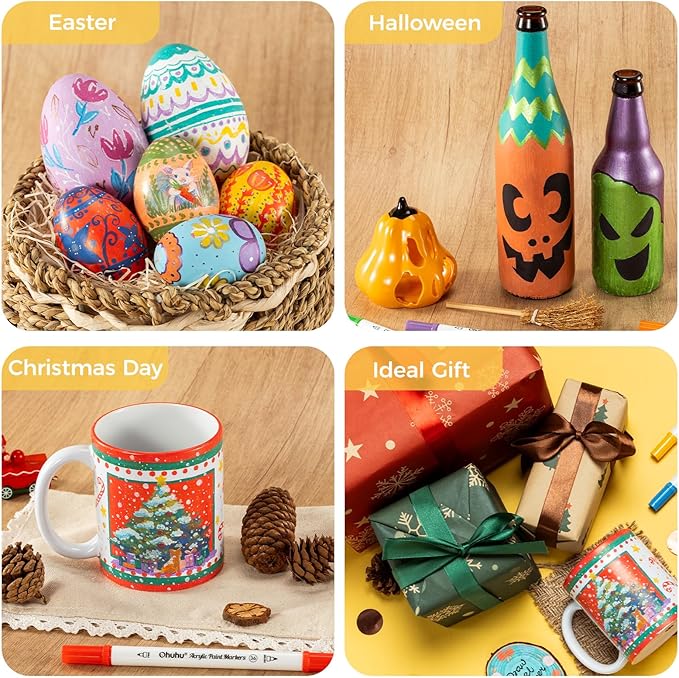 Ohuhu Acrylic Paint Markers Dual Tips: 36 Colors Brush & Dot Paint Pens High Opacity Acrylic Markers Waterproof Lightfast for Christmas Gifts Rock Painting 3D Prints Eggs Wood Glass Ceramic DIY Crafts
