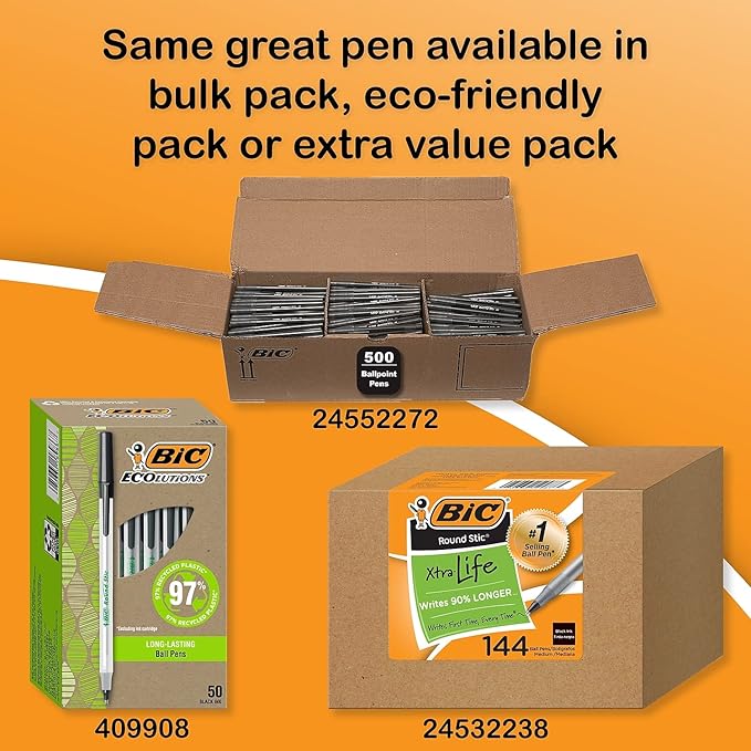 BIC Round Stic Xtra Life Ballpoint Pen, Medium Point (1.0mm), Black, 60-Count