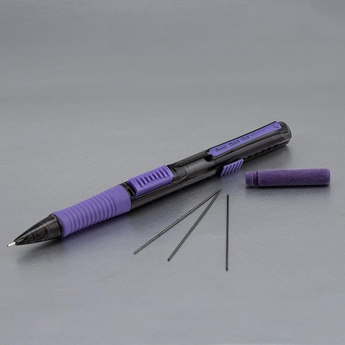 Pentel Quick Click Pop Mechanical Pencil, (0.7mm) Medium 2B Lead, Black Barrel W/Violet Trim Box of 12 (PD217AV)