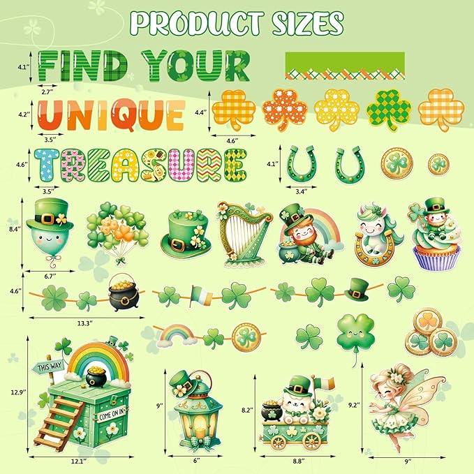 Fancy Land St. Patrick's Day Bulletin Board Set for Classroom Decorations Irish Shamrock Rainbow Gold Coin Pot Cutouts for Chalkboard Home Office Wall Door Decor 69Pcs