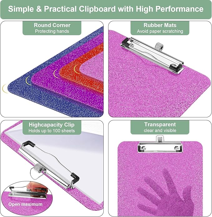 1 Pcs Clear Glitter Clipboards, Plastic Clipboard with Pen Holder,Size 8.85 x 12.4 in Shiny Clipboards with Low Profile Clip,Cute Hanging Clipboard for Office Supplies Sparkly Clip Board-Rose Pink