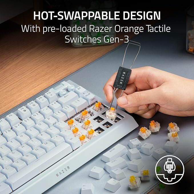 Razer BlackWidow V4 75% Mechanical Gaming Keyboard: Hot-swappable Design - Compact & Durable - Orange Tactile Switches - Chroma RGB - MF Roller & Media Keys - Comfortable Wrist Rest - White (Renewed)