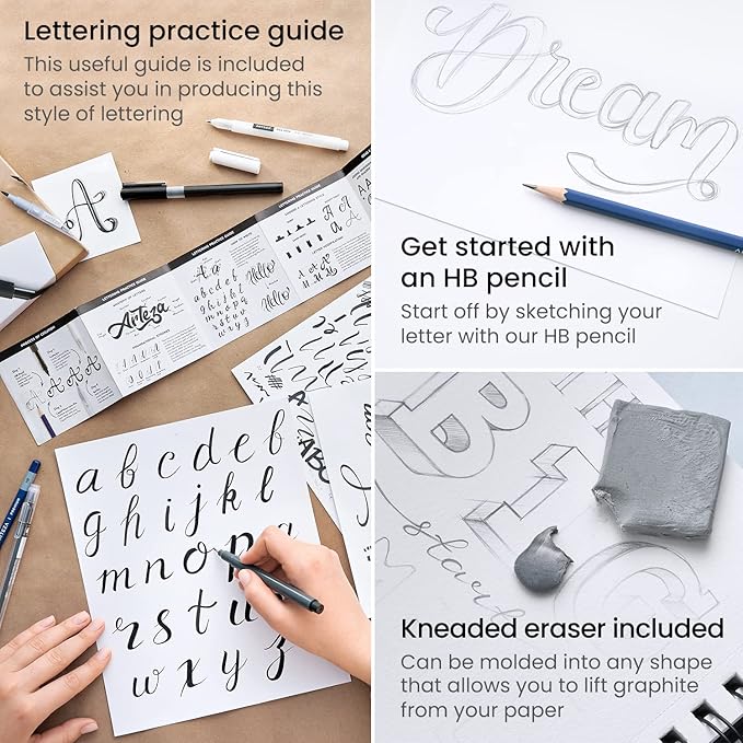 ARTEZA Hand Lettering Pens Set of 12 – Calligraphy and Brush Pens with Guidebook, Pencil, Eraser for Beginners Learning Hand Lettering and Decorative Writing