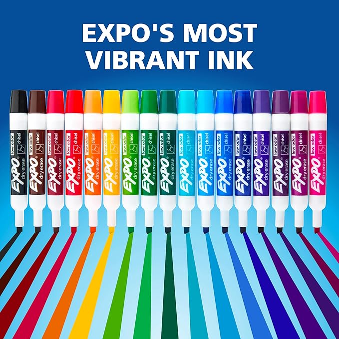 EXPO Dry Erase Markers, Low Odor Ink, Assorted Colors, Chisel Tip, 12 Count - Easily Erases, Vibrant Ink, Ideal for Classroom, Back to School Supplies, Teachers, Office, Whiteboard & Home