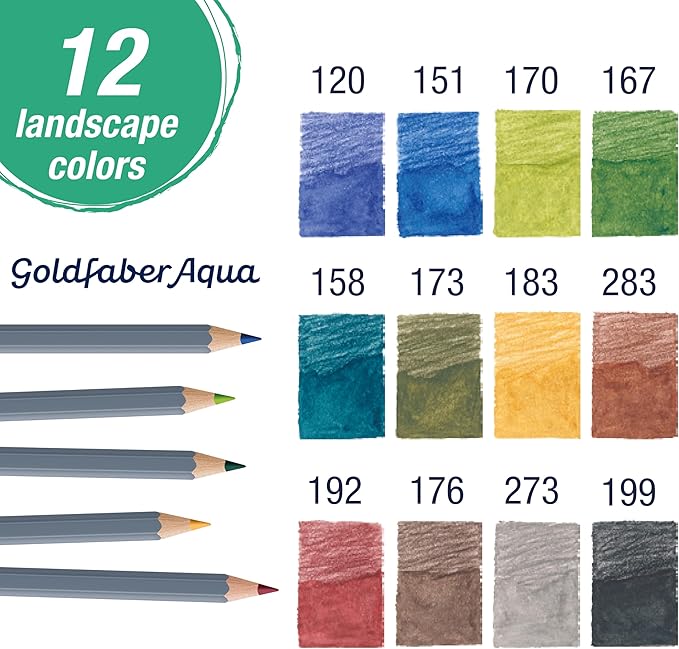 Faber-Castell Goldfaber Aqua Watercolor Pencils: Landscape Colored Pencils for Portraits, Dual Use Wet or Dry, Break-Resistant Cores, Art Supplies for Teens & Adults (12 Count)