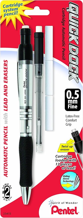 Pentel Quick Dock Automatic Pencil with Refill Cassette and 3 Erasers, 0.5mm, 1 Pack (QD5ELE3BP)