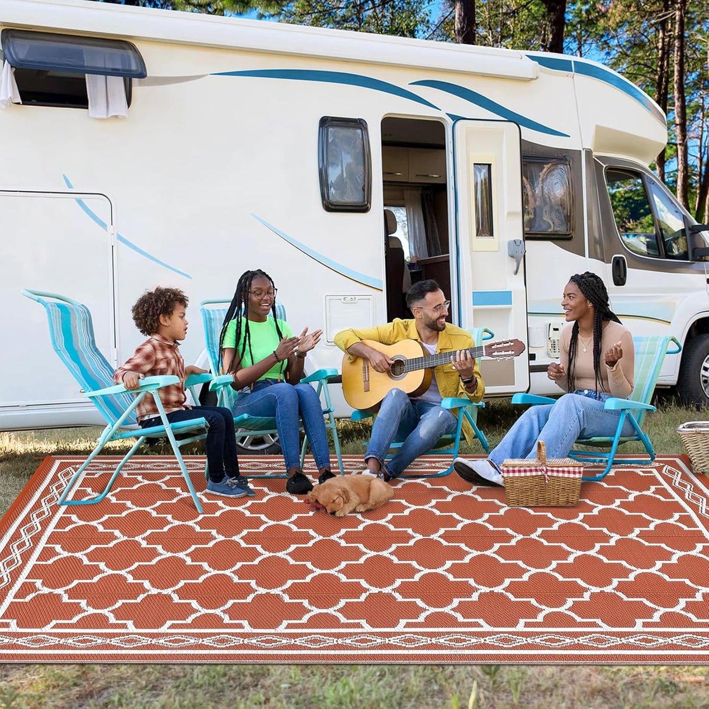 GAOMON Outdoor Rug 9'x12' Waterproof Rug for Patio Decor, Foldable Reversible Plastic Straw Area Rugs Mat for Camper, Outside Carpet for Deck, Porch, Picnic, Beach, Orange/White(Bohemia)